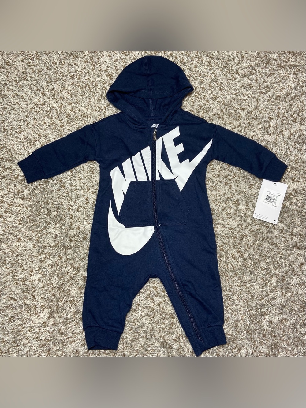 NWT NIKE Size 6M Play All Day Hoodie Romper Black Dark Blue Full Zip Up